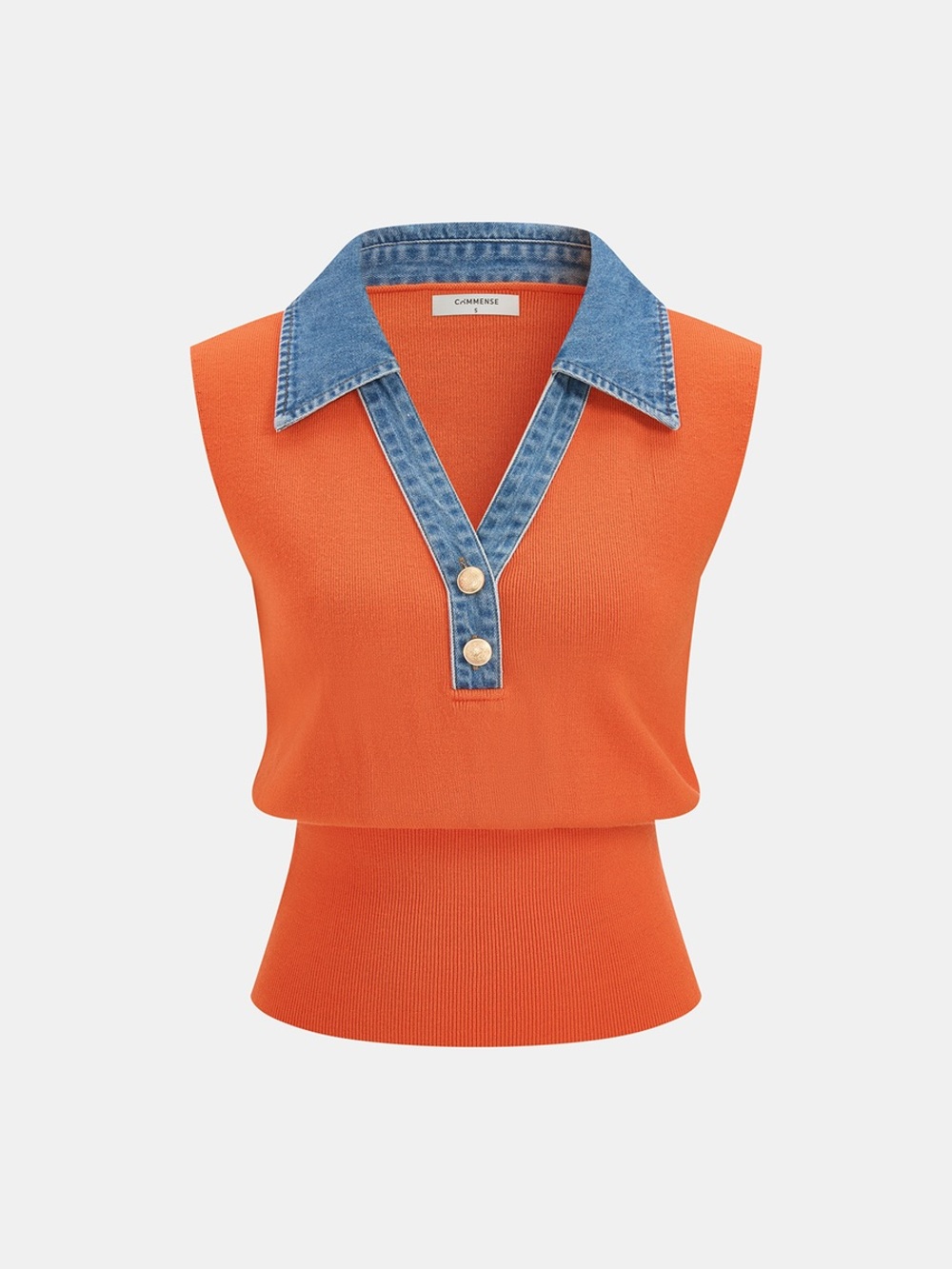 Commense Denim Collar Metal Button Sleeveless Knit Vest
